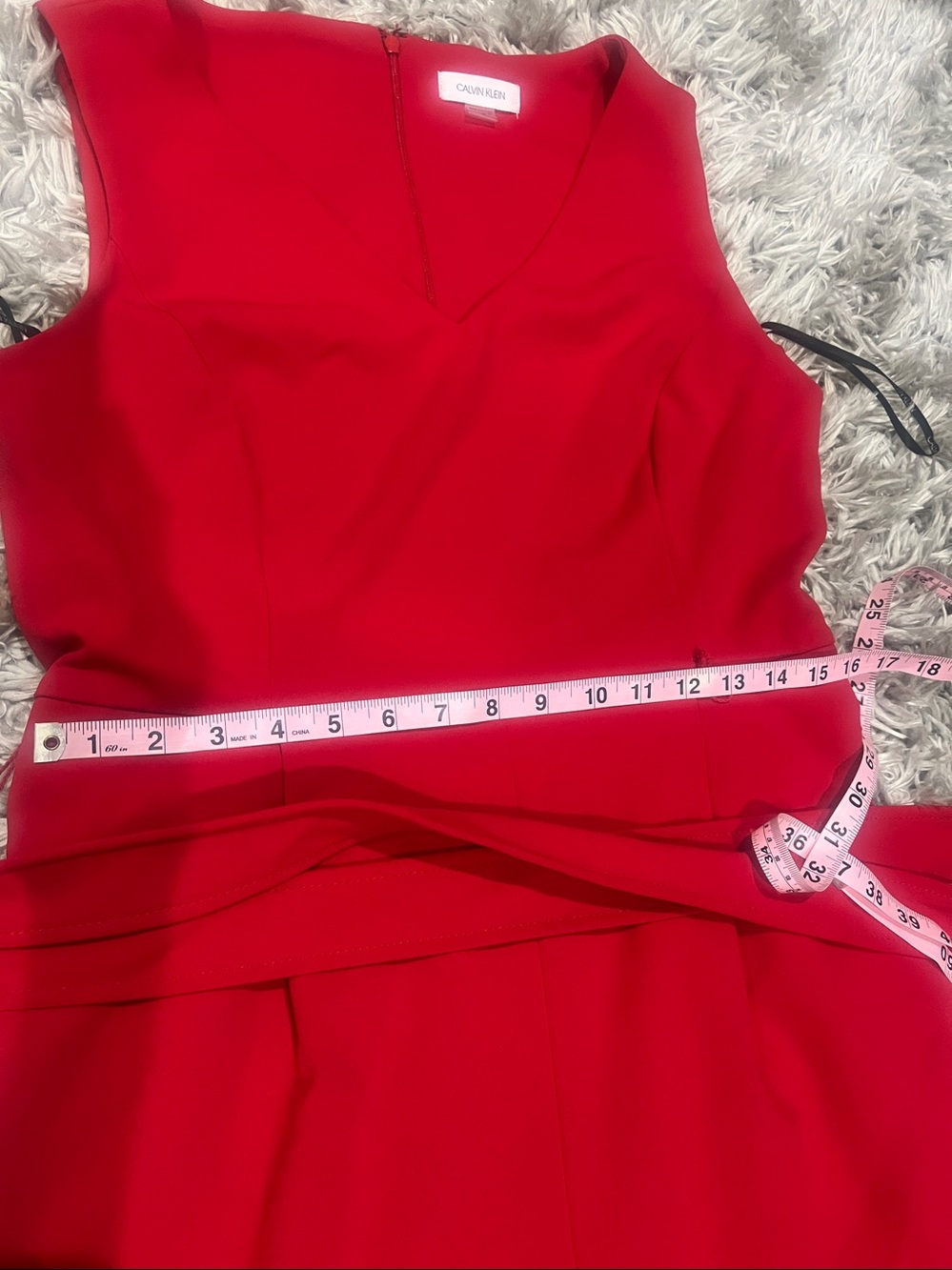 Calvin Klein Red Sleeveless V-Neck Jumpsuit with Waist Tie.